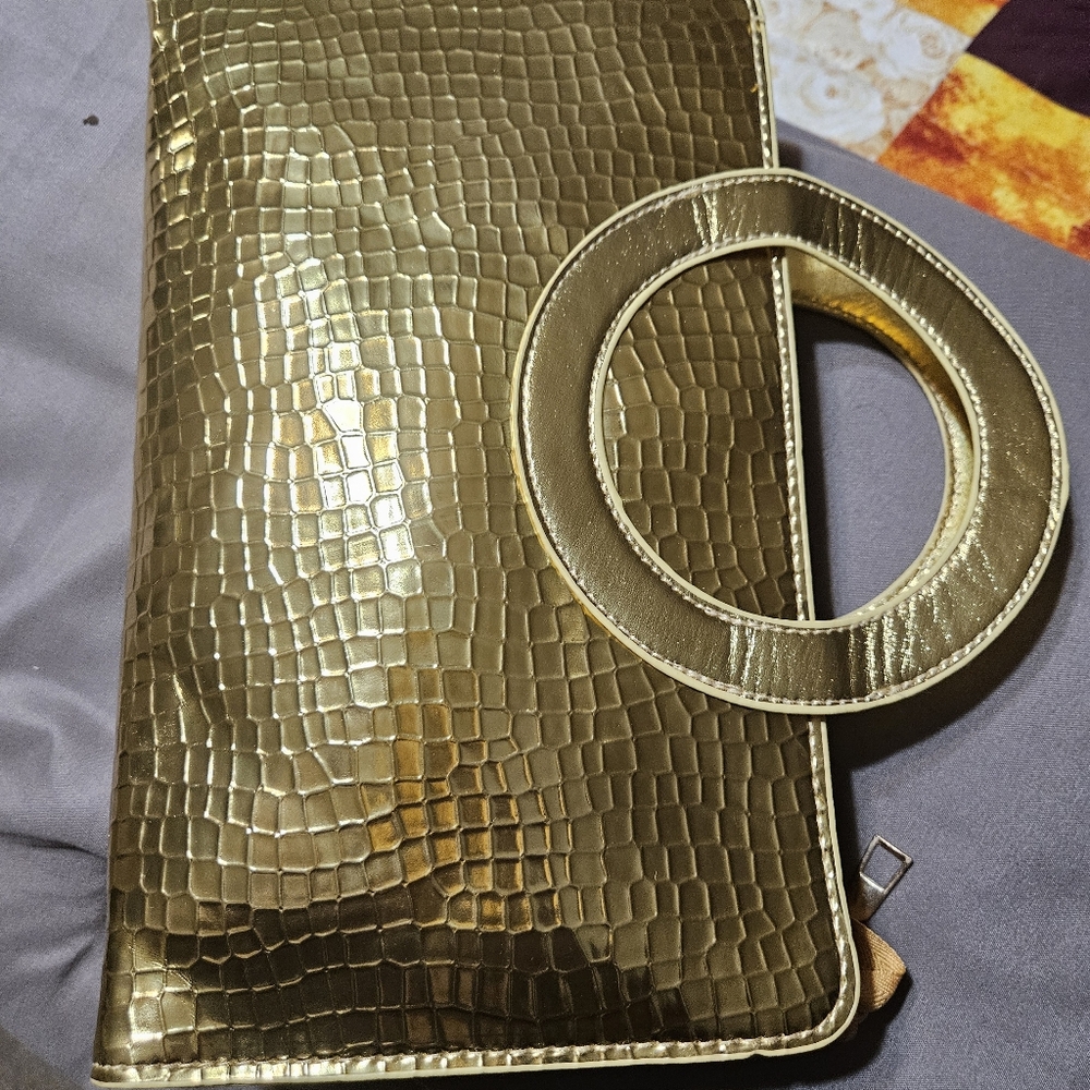 Gold Crocodile-Embossed Women's Clutch